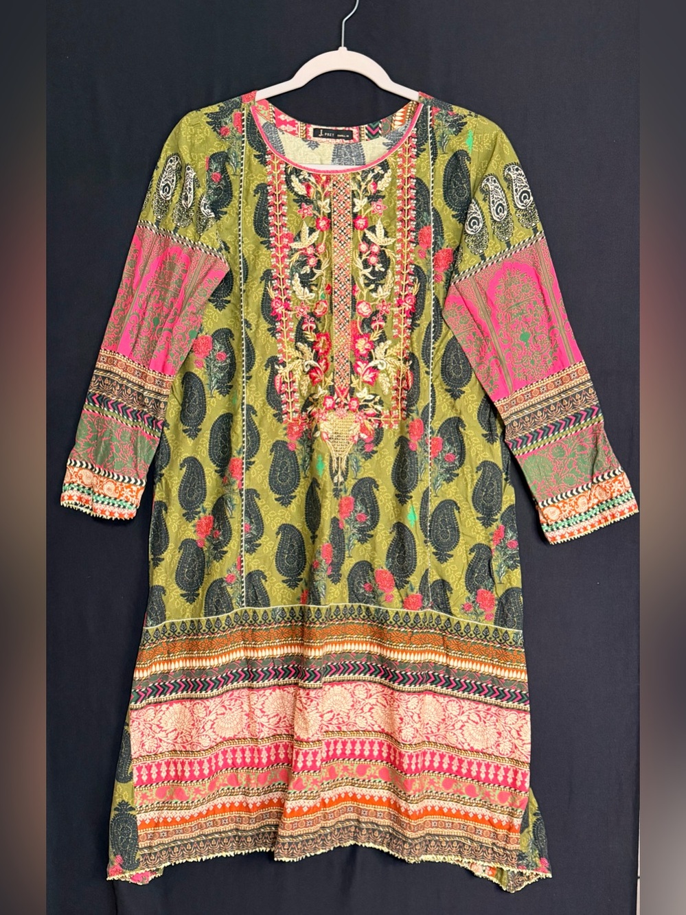 J. Pret middle eastern dress/top Green & Pink Embroidered Long Sleeve Cotton uni